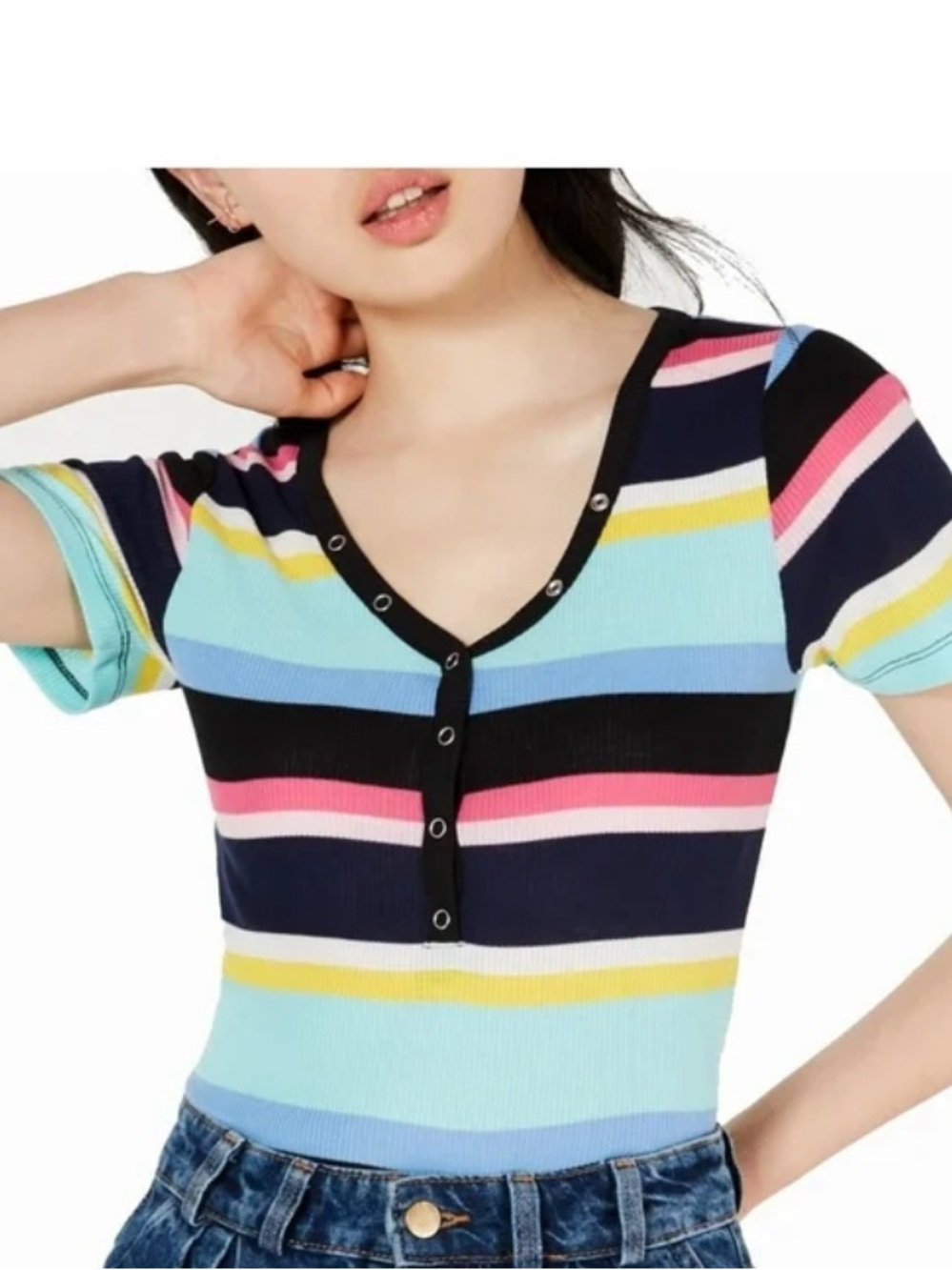 Planet Gold Rainbow Striped Ribbed Snap Top Medium